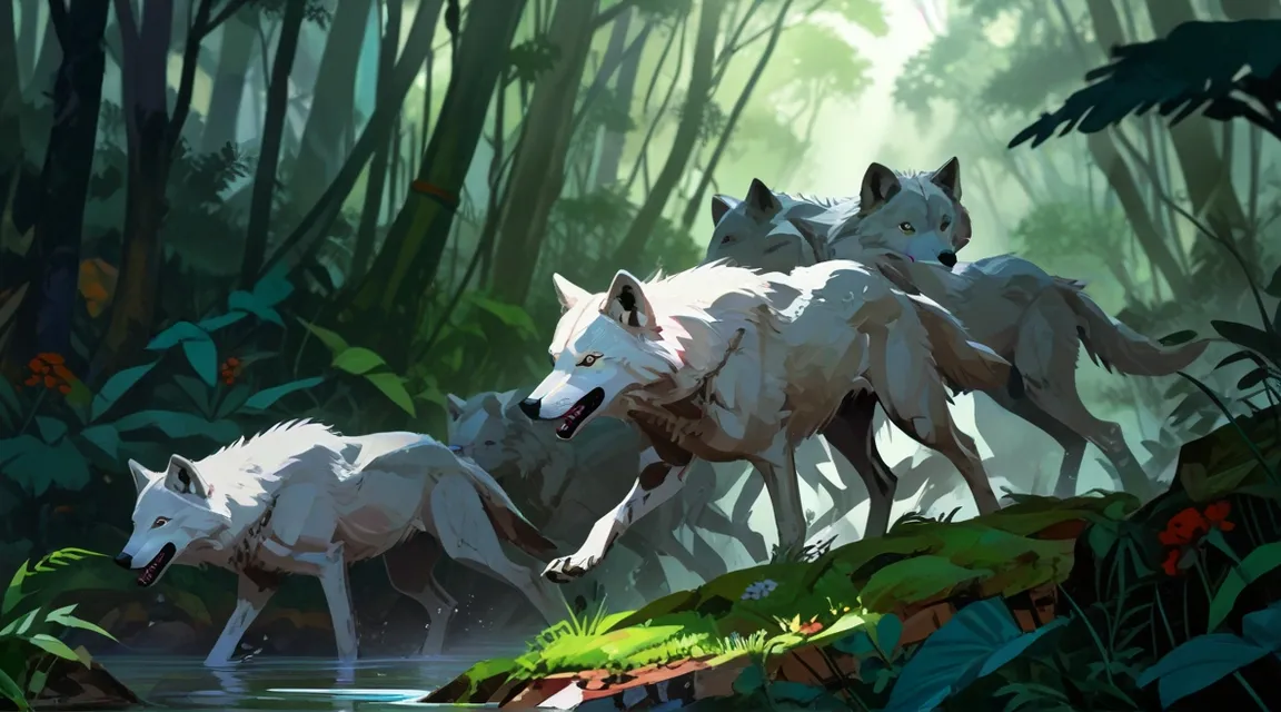 a group of white wolfs running through a forest