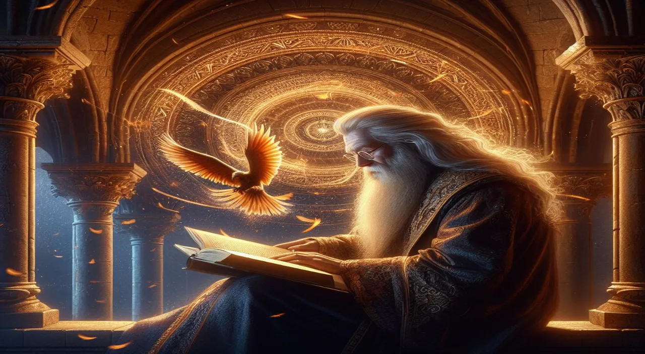 a painting of a wizard reading a book