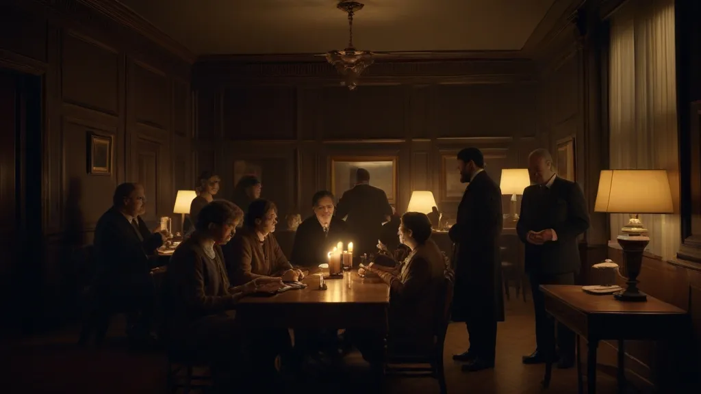 a group of people sitting around a table in a dark room and  A man enters, looking lost and disheveled in the room