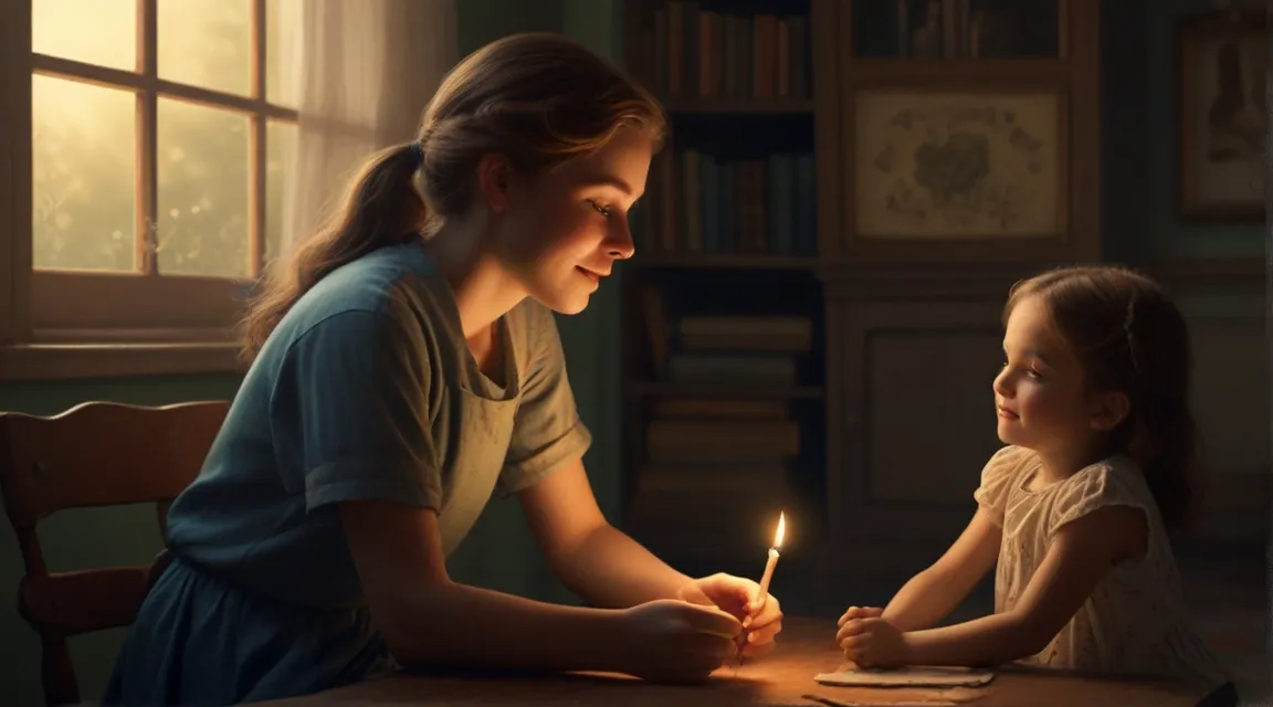 a little girl sitting at a table with a candle in her hand