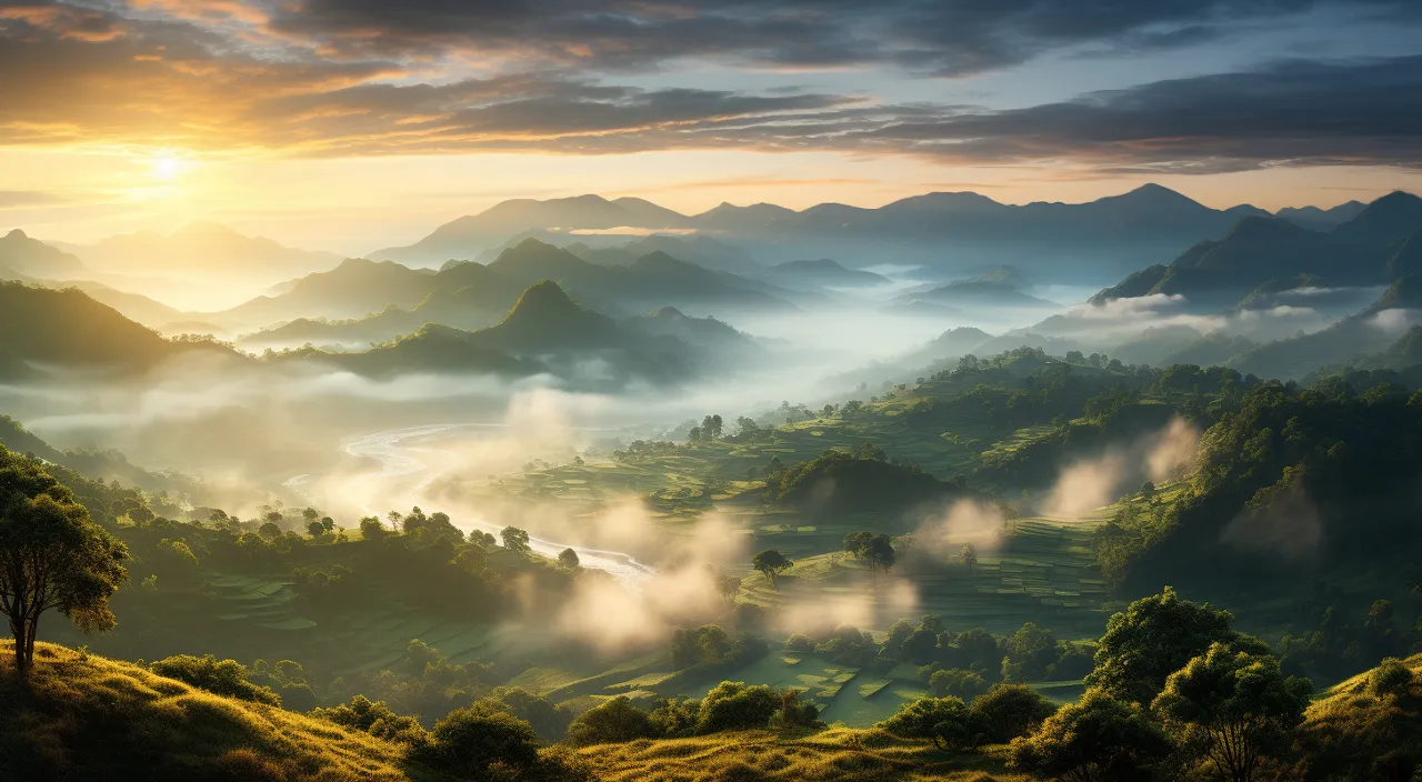 a painting of a mountain valley with trees and fog