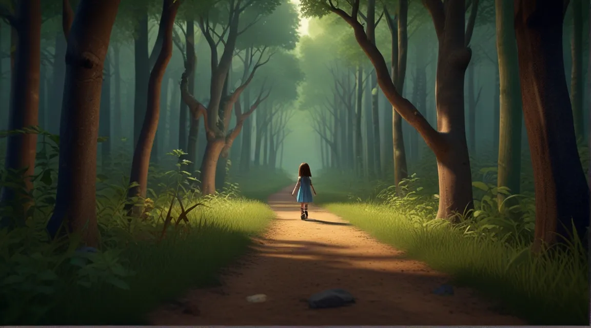 a painting of a girl walking down a path in a forest