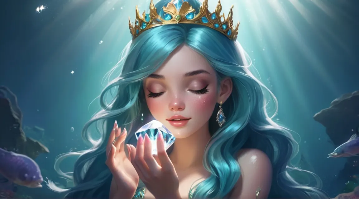 a woman with blue hair and a crown and holds a diamond on her head