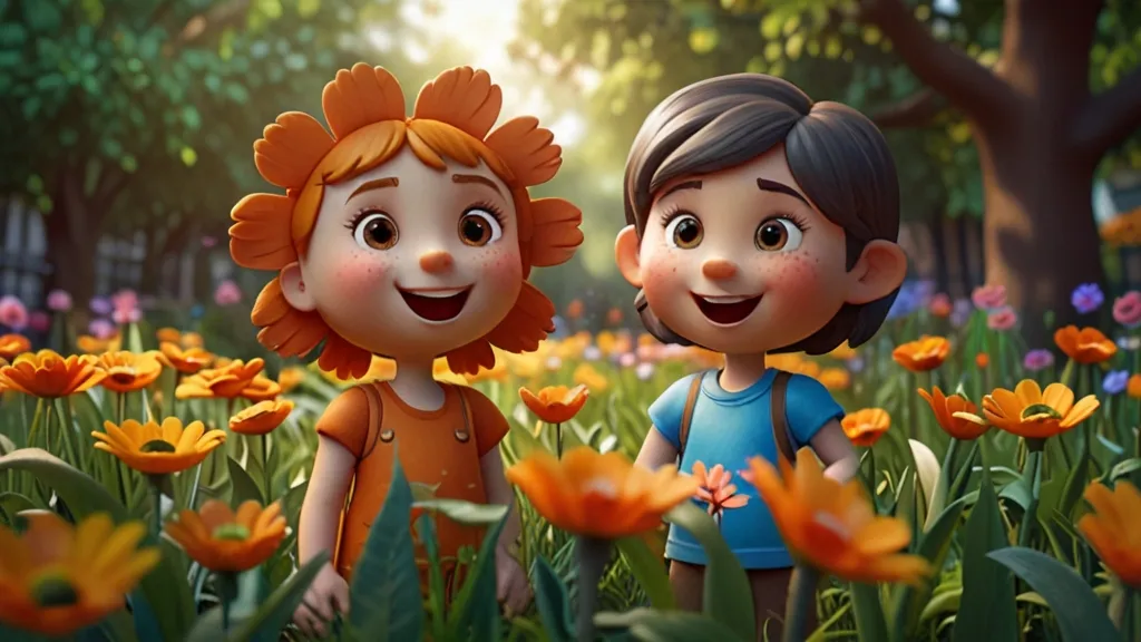 a couple of kids standing in a field of flowers