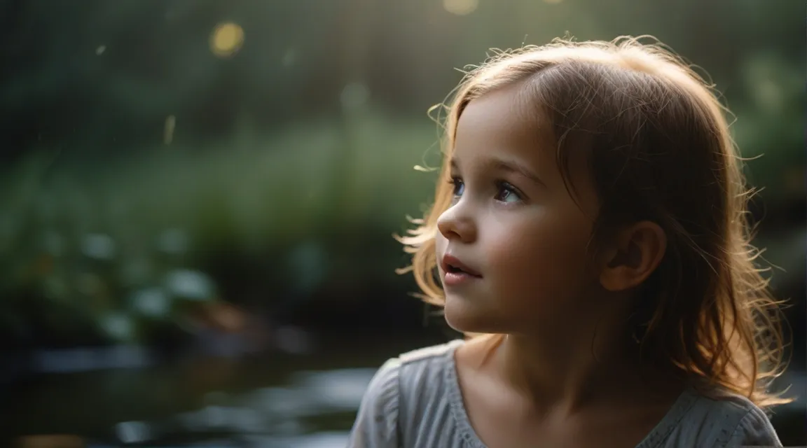 a little girl standing in front of a body of water