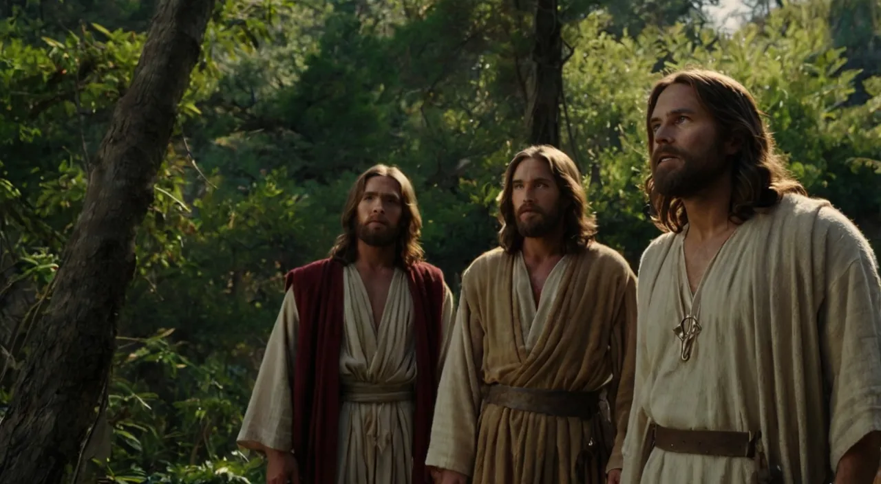 the three men are standing together in the woods