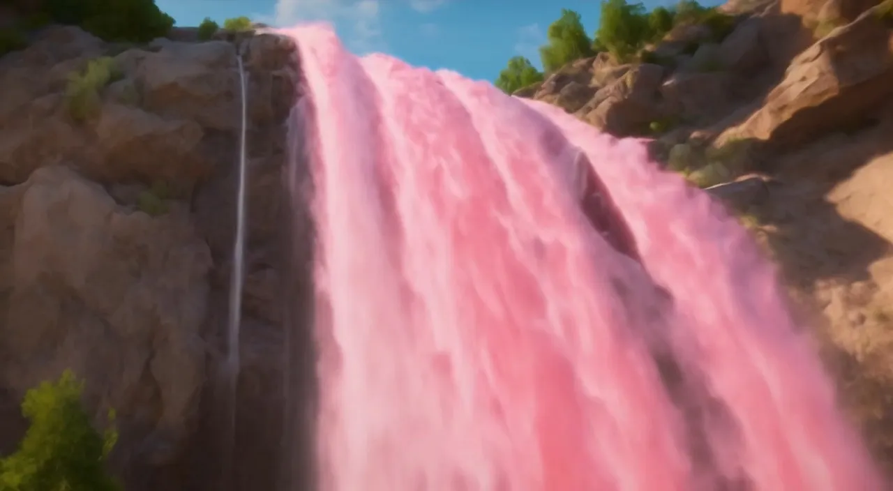 a large waterfall with pink water coming out of it blue