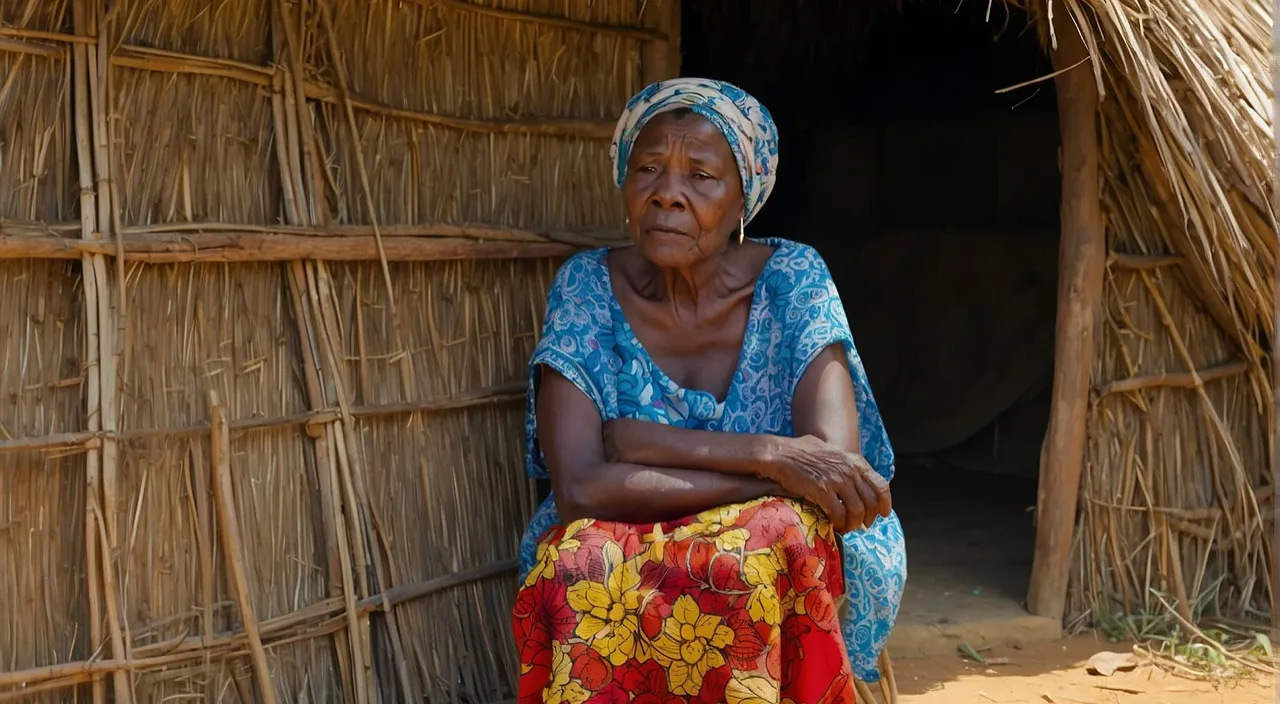 a woman sitting in front of a straw hut