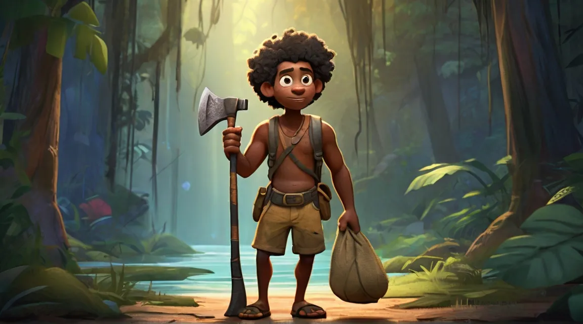 a cartoon character holding a pick axe in a forest, Pixar Animation | multiple characters, faulty axe