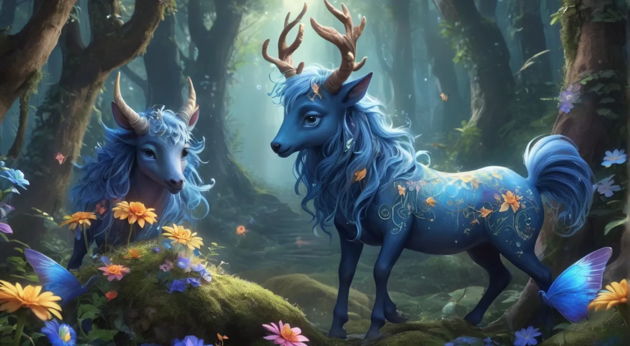 a painting of two blue unicorns in a forest