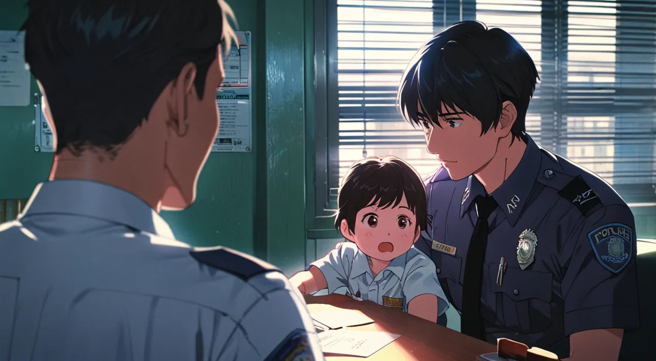 a police officer talking to a child and his mother in a classroom