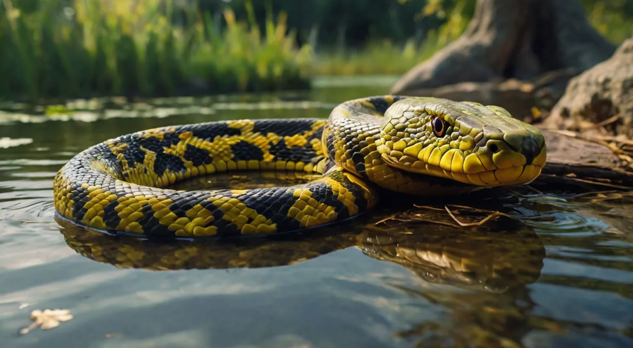 Focus on the ground, as the evil yellow snake, large and dangerous, its scales shine in the sunlight, and it spreads its hood and breathes air.