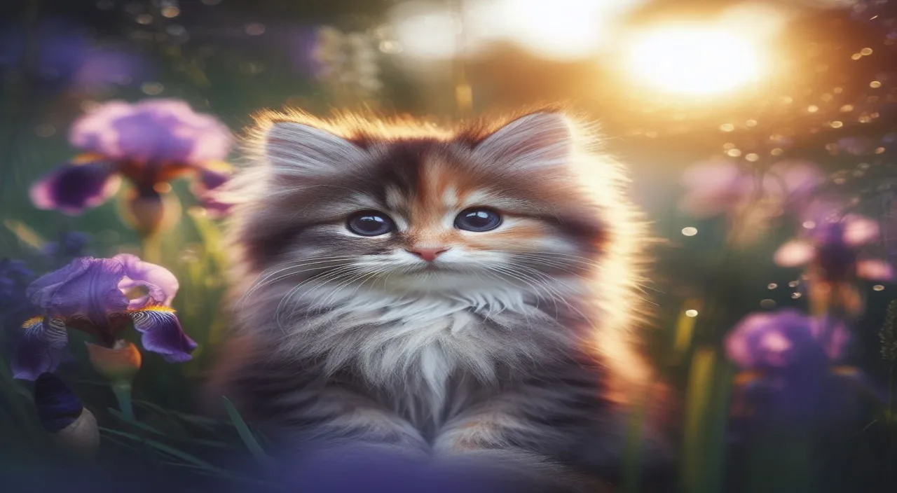 a kitten sitting in a field of purple flowers