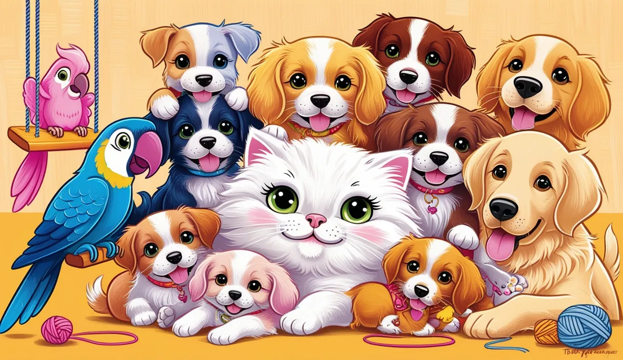 a painting of a group of dogs and cats