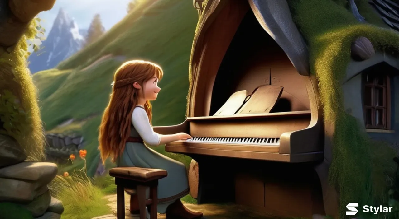 A young beautiful long-haired girl smiling and playing the piano outside the hobbit's house in the story of The Lord of the Rings