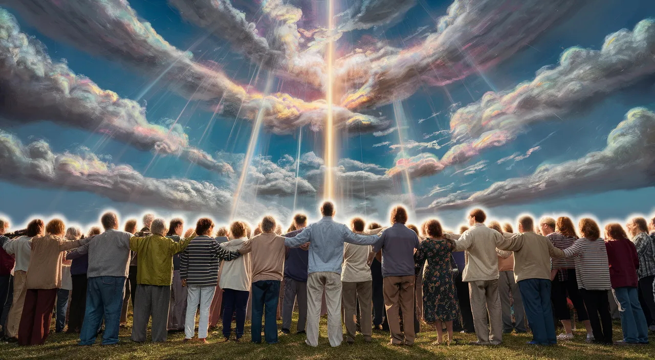 a group of people standing in front of a cross