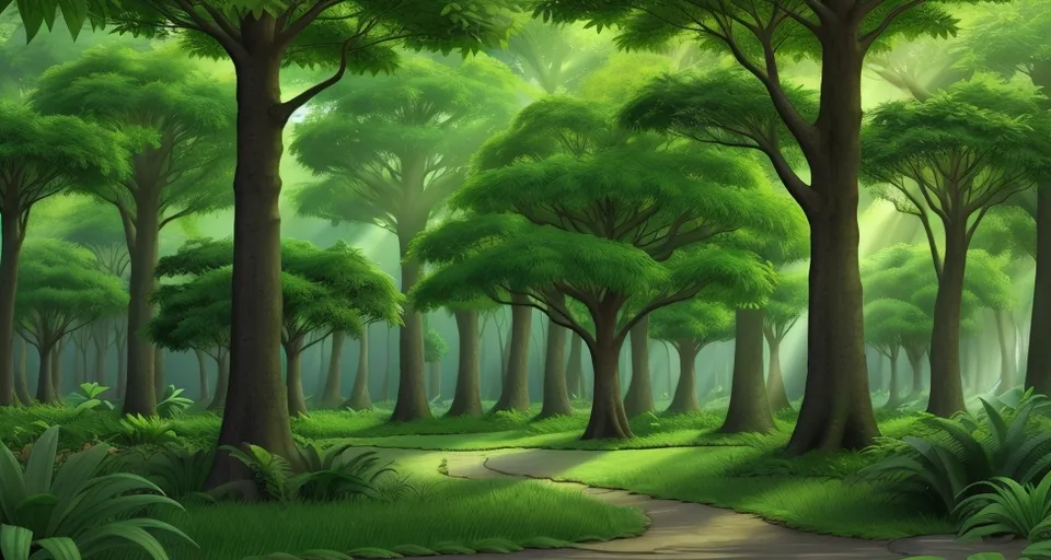 a painting of a path through a green forest