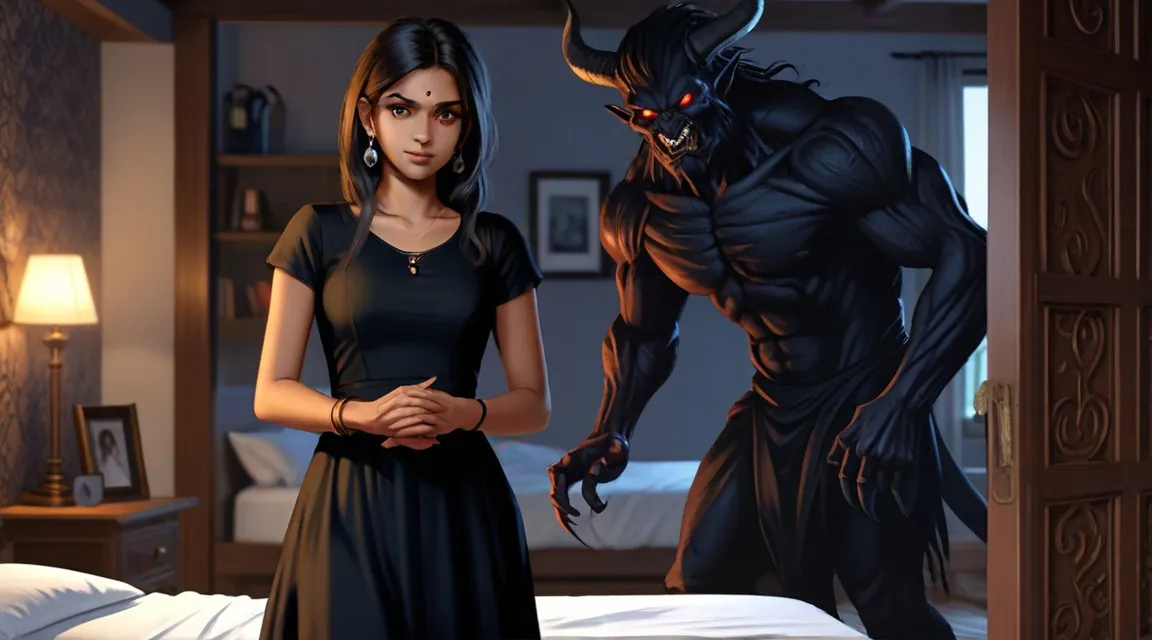 a woman in a black dress standing next to a demon