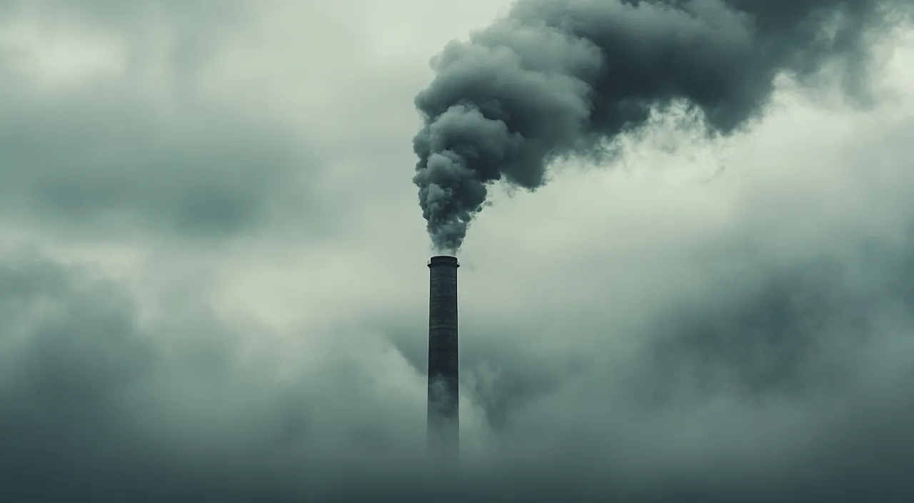 a smokestack emits from a pipe in a cloudy sky