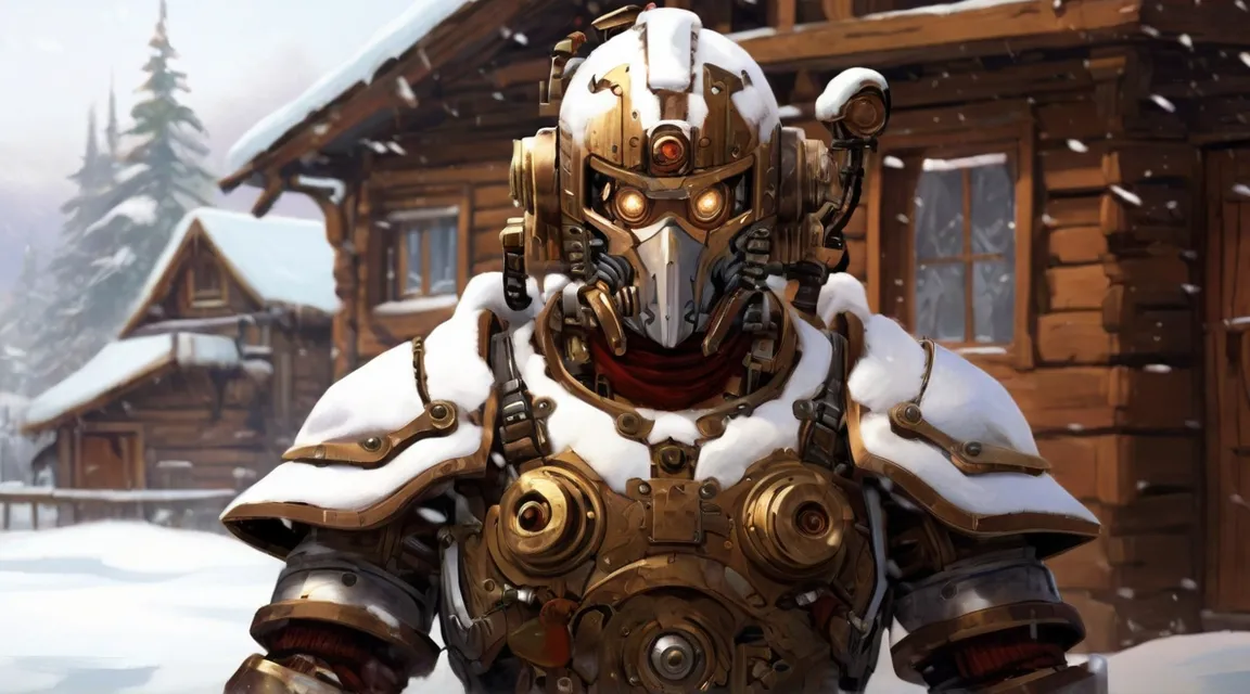 a man in armor standing in front of a log cabin,"Ivan donned bio-armor and fought monsters in a snowy Siberian village,"