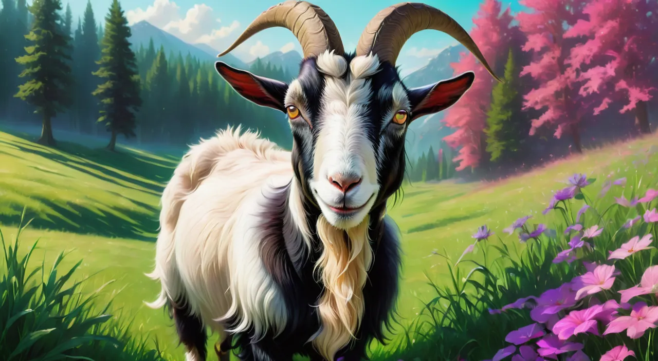 a painting of a goat in a field of flowers