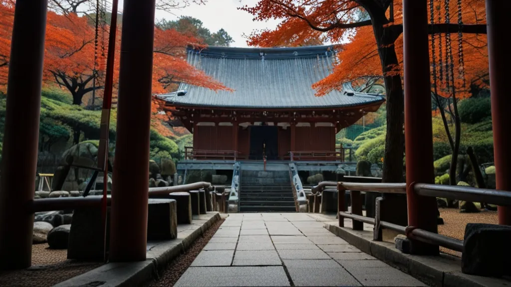 a pagoda in the middle of a park with trees in the background