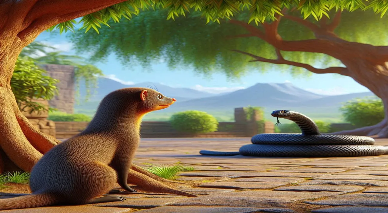 in the courtyard under the tree of the mongoose launching itself at the black snake, initiating a fierce and rapid struggle. Close-up of the mongoose biting and clawing at the snake, with the snake hissing and striking back. 3D rendering vibrant colors.”