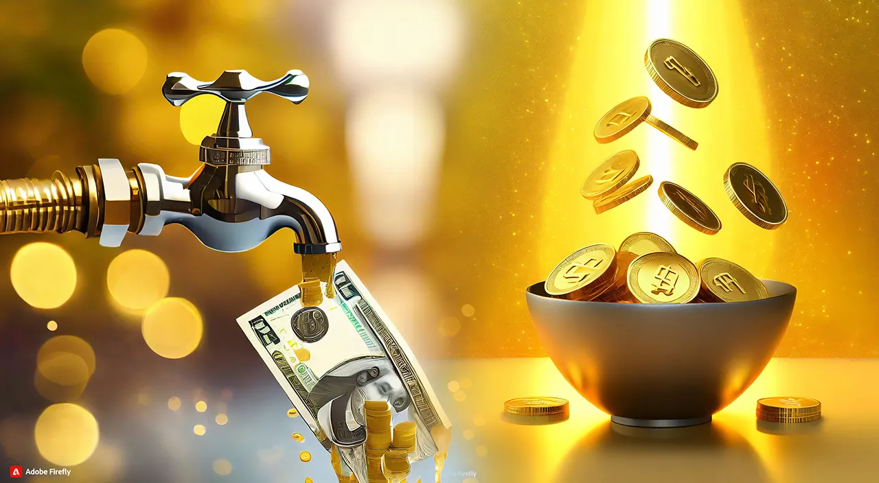 Create a Falling money with golden background, 8k, size of 1920x1080, colorful
