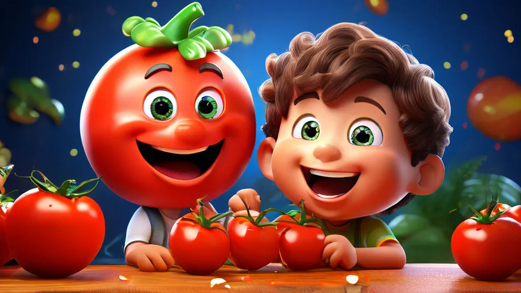 a boy and a girl with tomatoes on a table