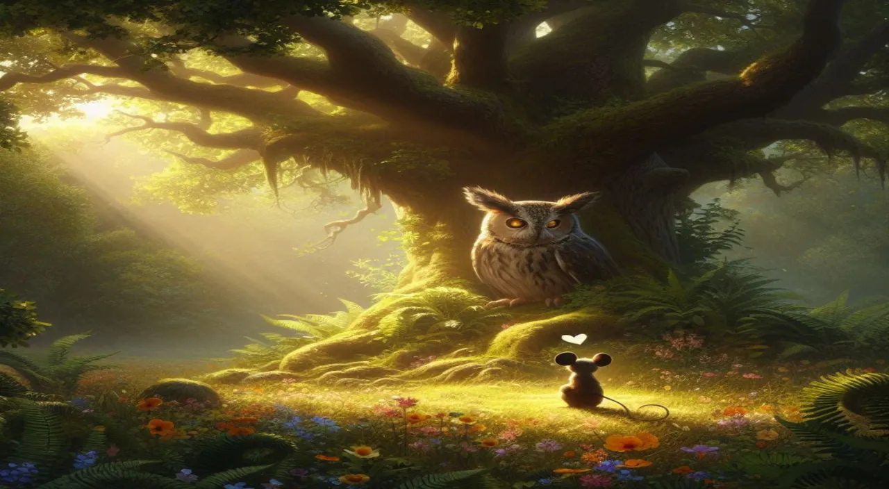 a painting of an owl and a mouse in a forest