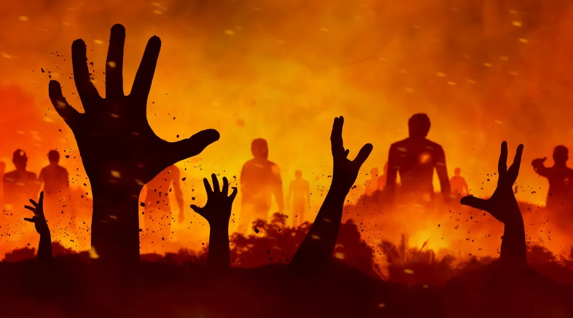 a group of zombie hands rising from a fire