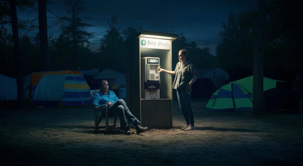 a man sitting in a chair next to a phone booth