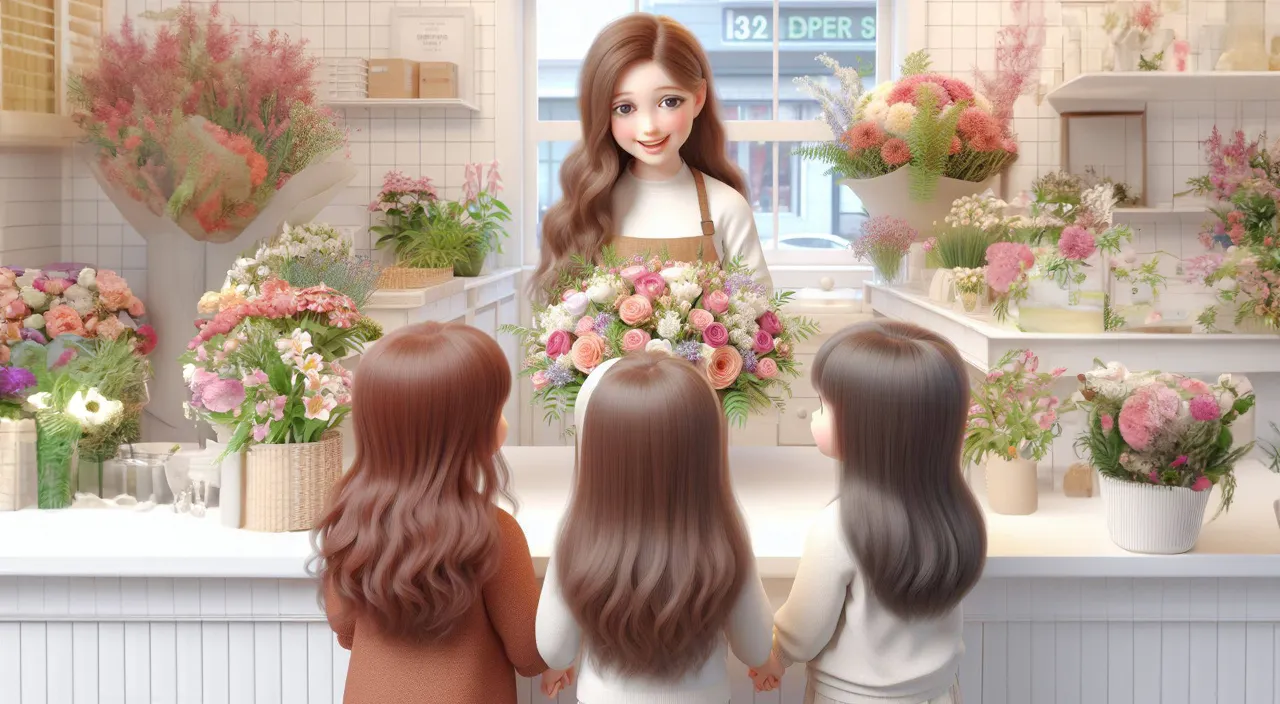 4 people only, flower, plant, hairstyle, shoulder, fashion, orange, neck, eyelash, happy, flowerpot