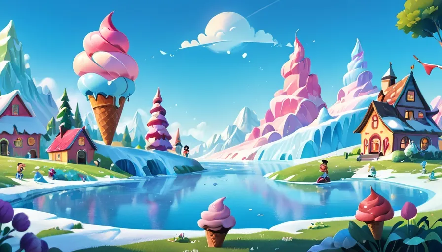 a painting of a winter wonderland with ice cream