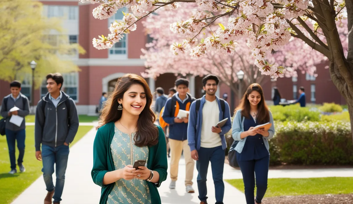 Campus Serenade: On a university campus, a Pakistani girl walking under a blossoming tree, a Bollywood song softly playing from her phone. The 4K wide shot captures students walking by and studying, but her smile and dreamy gaze reveal she is thinking about her boyfriend, who is attending a university in the United States, lost in her own romantic world.