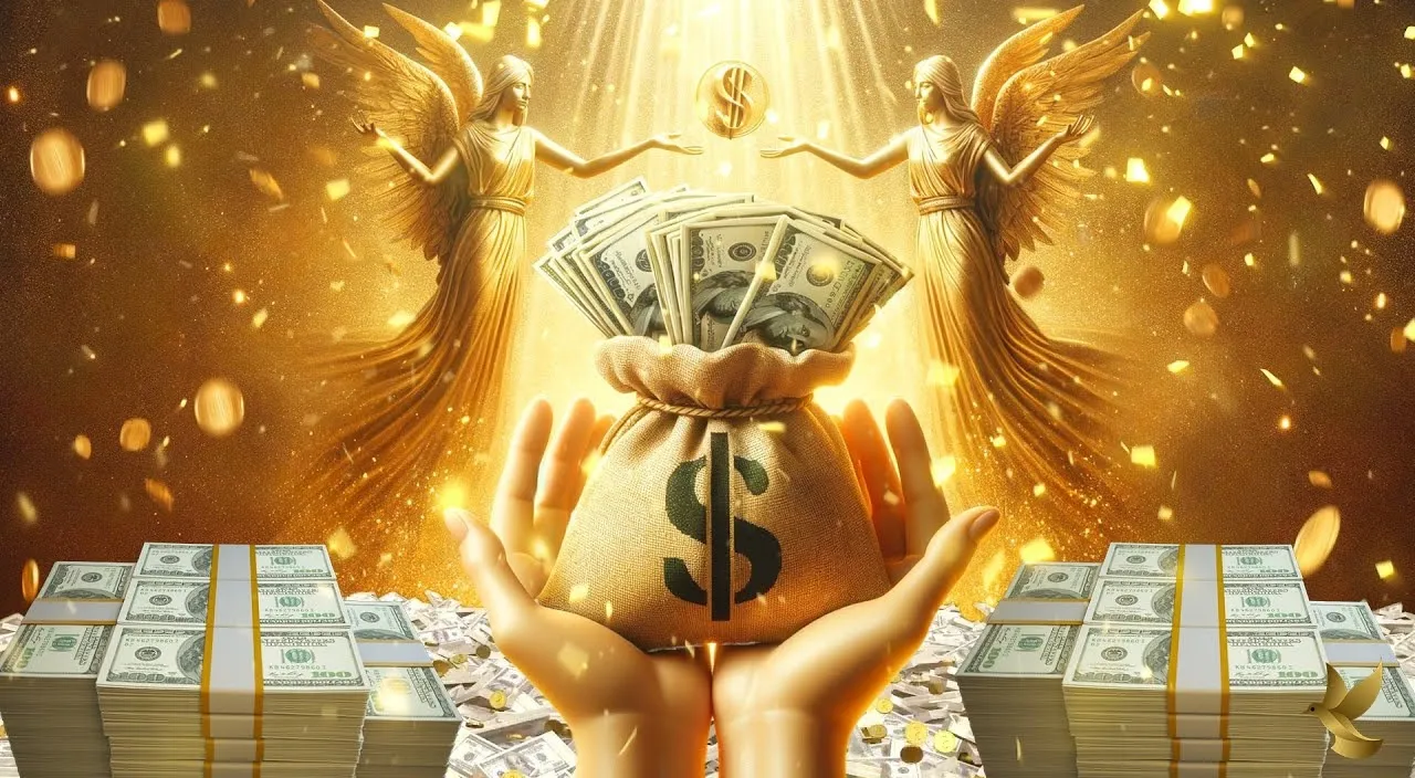 Hand catching falling Money with golden back ground