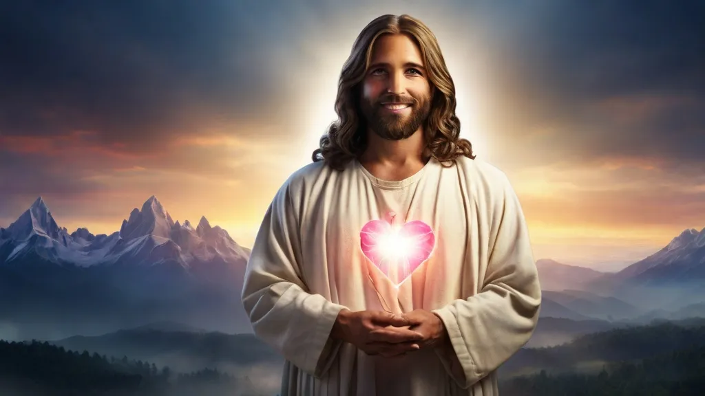 jesus holding a heart in his hands with mountains in the background