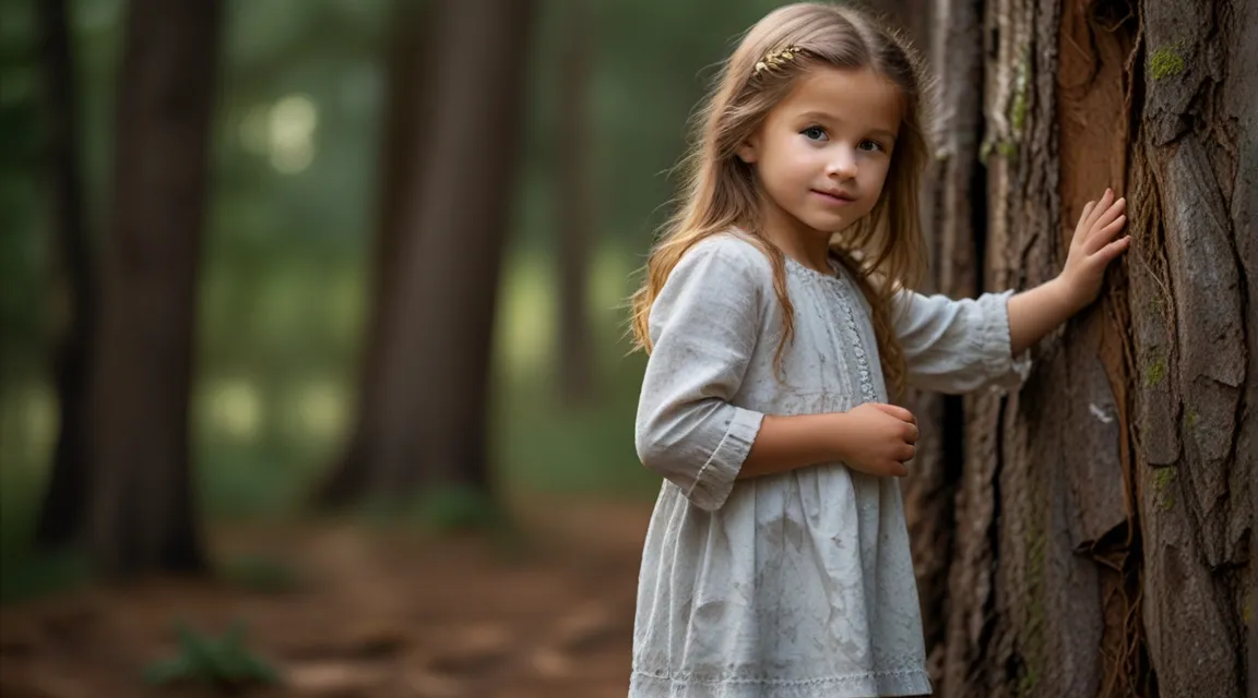 a little girl standing next to a tree in a forest