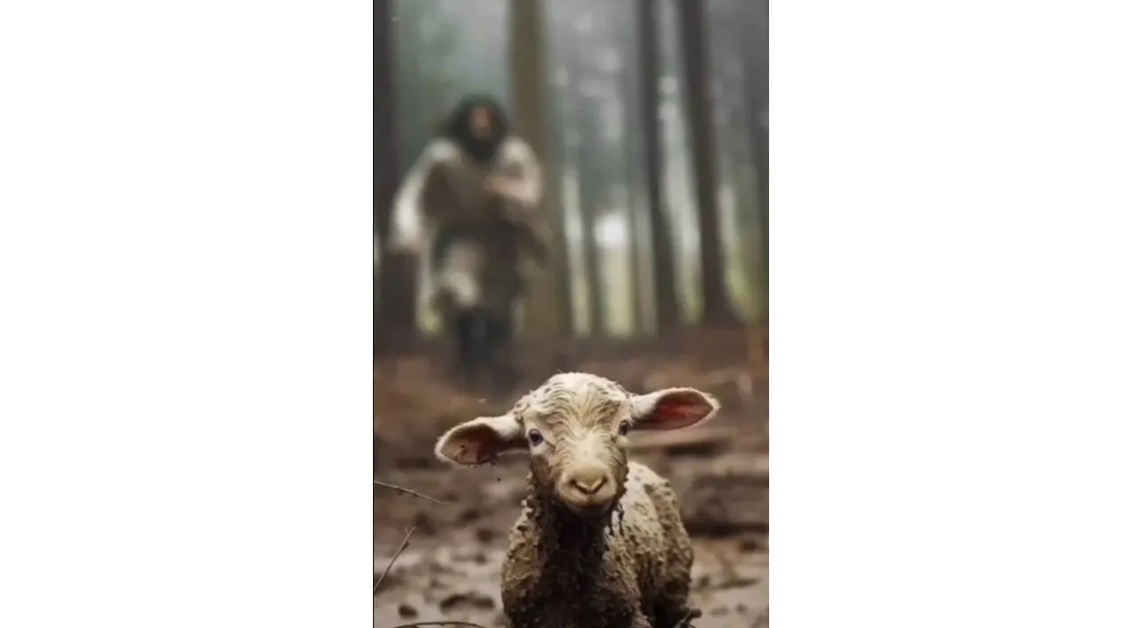 a sheep standing in the middle of a forest