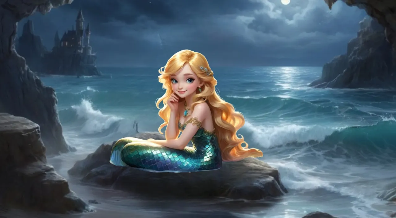 a mermaid sitting on top of a rock next to the ocean