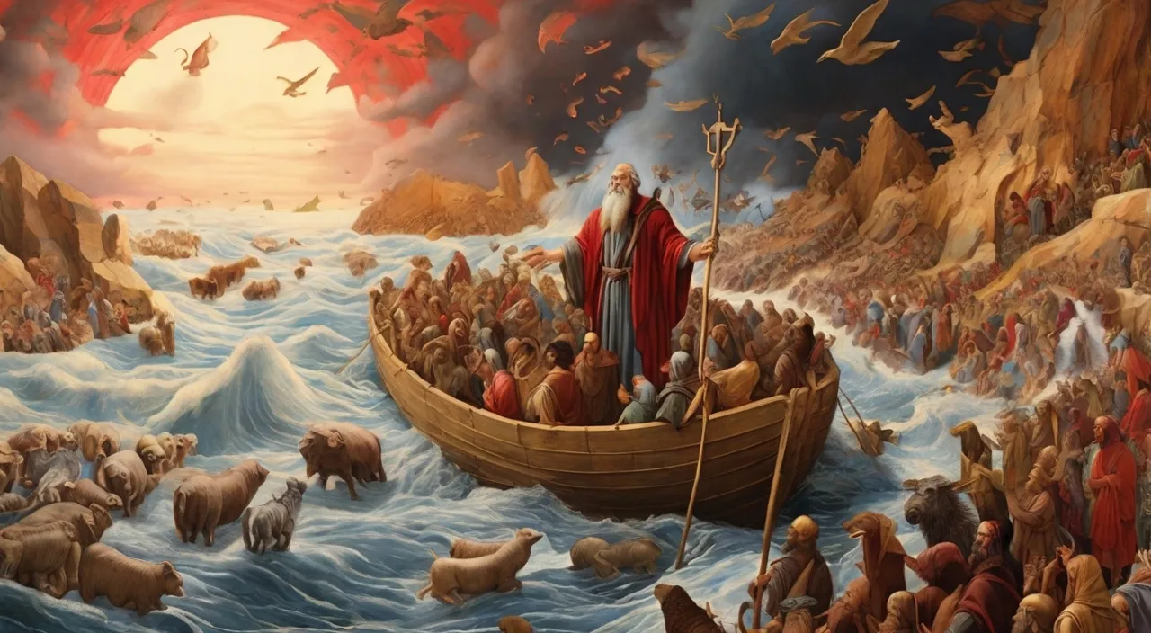 a painting of a boat full of people and animals