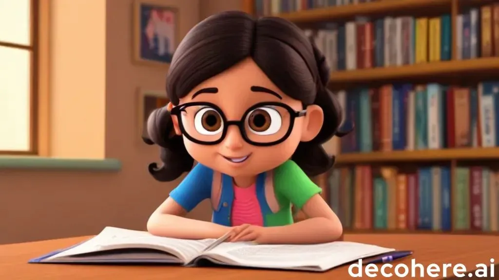 a cartoon girl sitting at a table reading a book