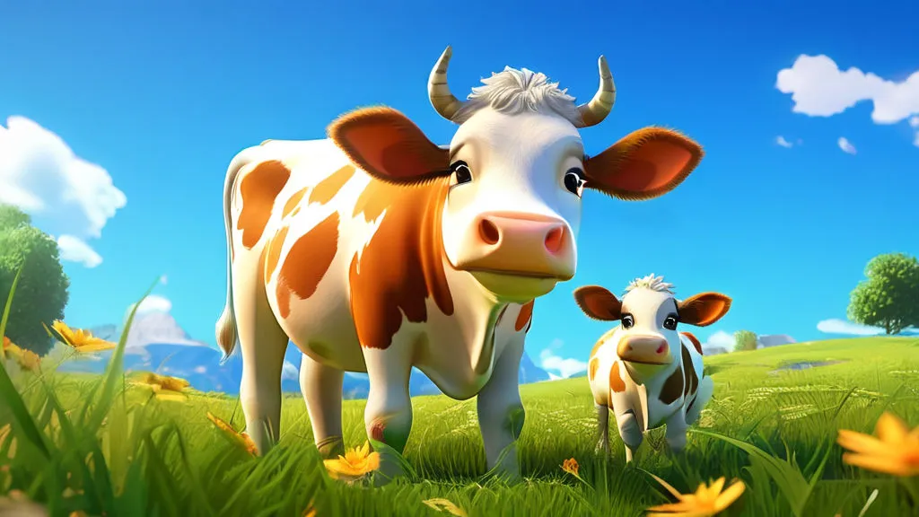 a couple of cows standing on top of a lush green field