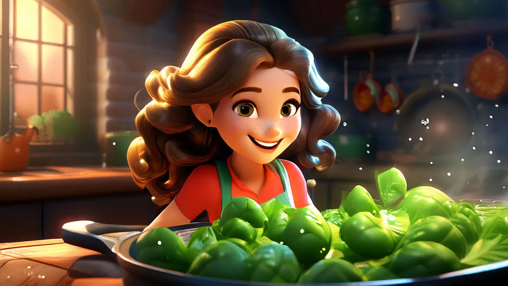 a cartoon girl cooking green peppers in a frying pan