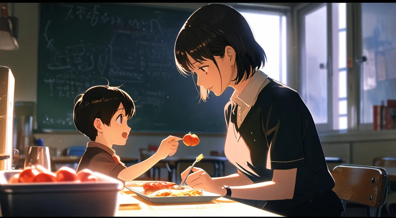 one little boy and his mother sitting at a table in front of a plate of food