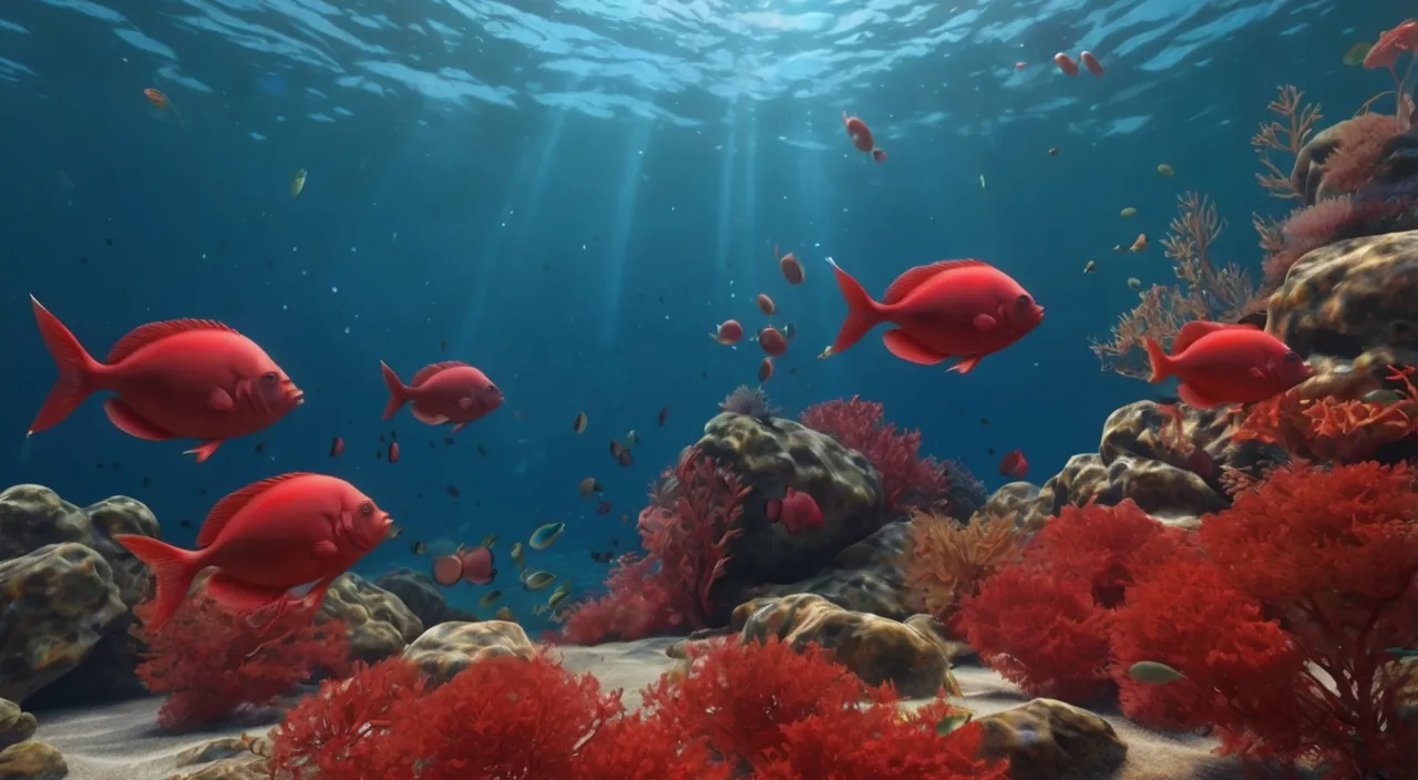 a group of red fish swimming over a coral reef