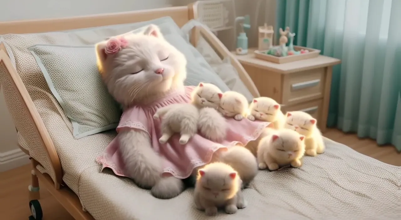 a cat in a pink dress laying on a bed with a bunch of kittens