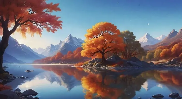 a painting of a lake surrounded by mountains