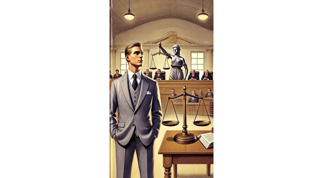 a painting of a man in a suit standing in front of a scale of justice