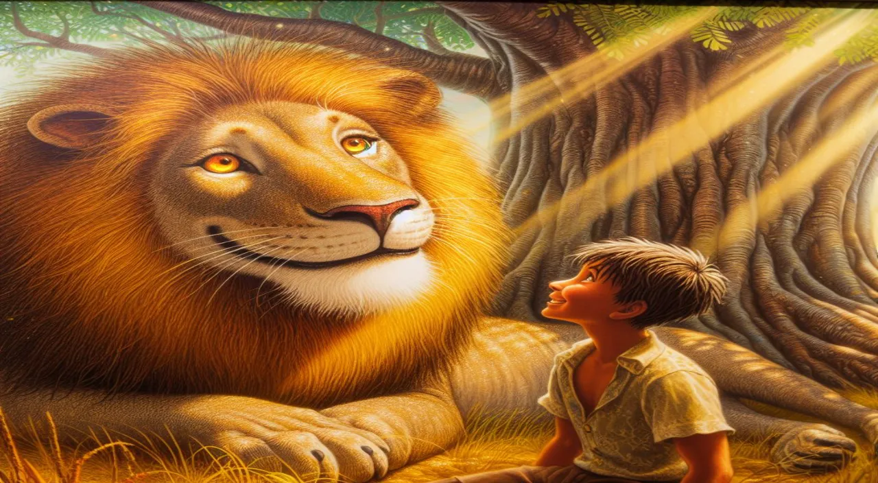 a painting of a boy looking at a lion